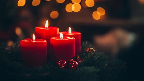 Red candles glow warmly amid evergreen wreath bokeh lights