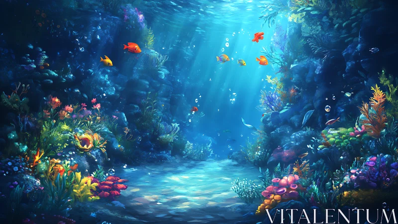 Sunlit coral grotto teems with vivid tropical sea life.