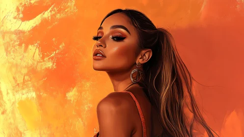 Warm-toned digital portrait of a woman against abstract orange field