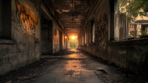 Abandoned corridor glows with haunting sunset light and decay.