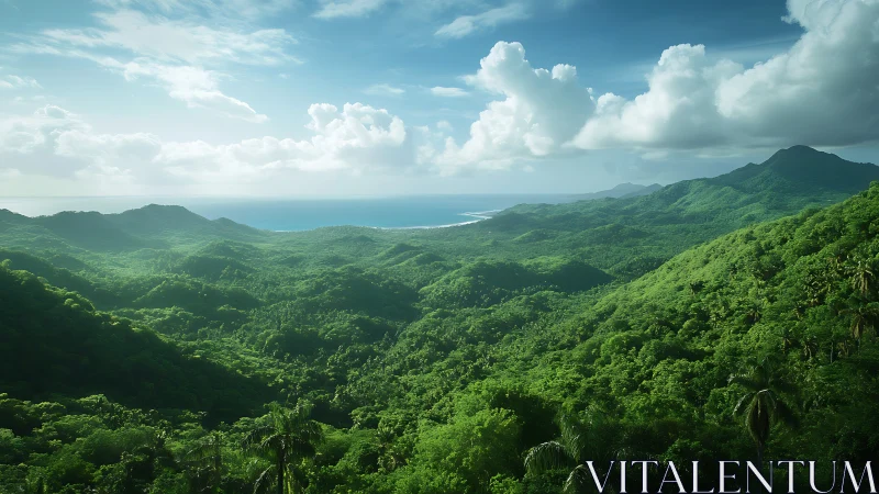 Lush tropical mountain panorama in balanced aerial perspective.