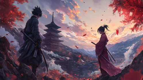 Samurai duel framed by autumn pagoda and burning sunset sky.