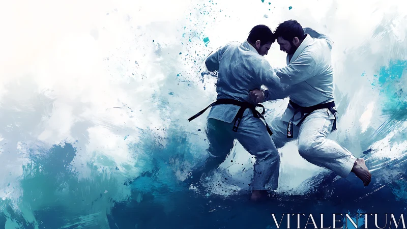 Martial artists collide amid dynamic abstract blue spray.