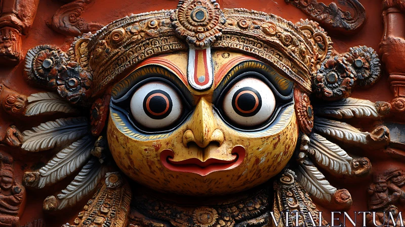 Vibrant traditional deity mask glows with ritual intensity