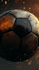Close-up render of worn soccer ball with glowing particles.