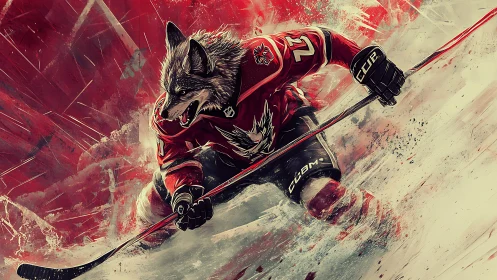 Wild wolf hockey winger carving through roaring red ice.