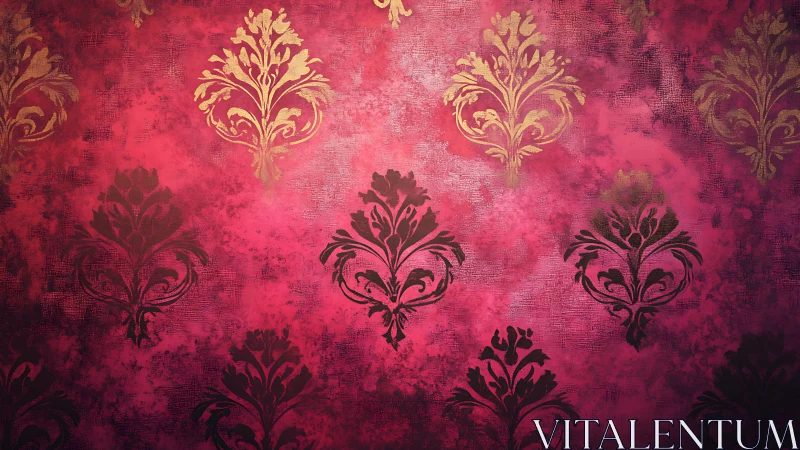 Red damask pattern background with gold and dark motifs.