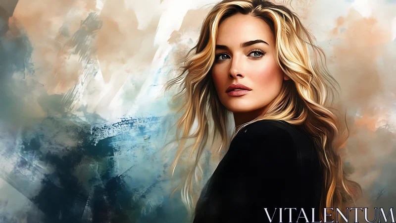 Blonde woman portrait against abstract painted background.