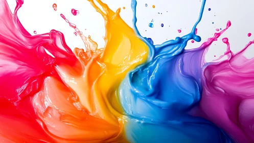 Multicolor liquid paint splashes forming central radial burst.