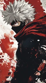 Masked anime fighter with red scarf amid dynamic blood-splatter field