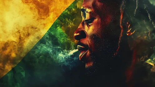 Side profile portrait merges with swirling colored smoke