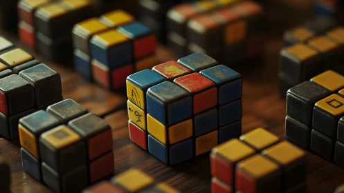Timeworn puzzle cubes share quiet stories on a wooden table