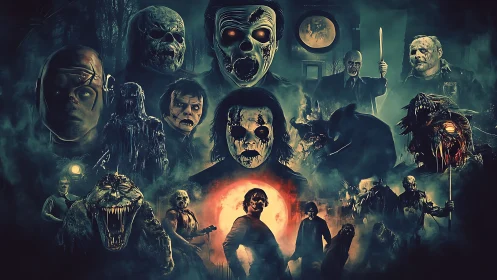 Layered horror montage assembles masked killers in desaturated teal haze