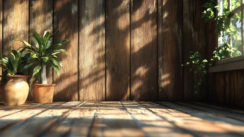 Sunlit wooden corner welcomes lush potted green plants gently