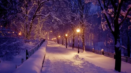 Snowy park pathway glows under warm winter lamplight.