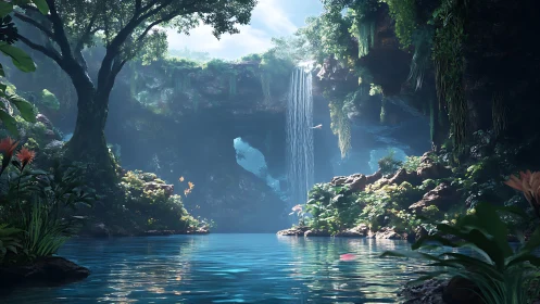Digital rainforest cavern shows waterfall and reflective pool