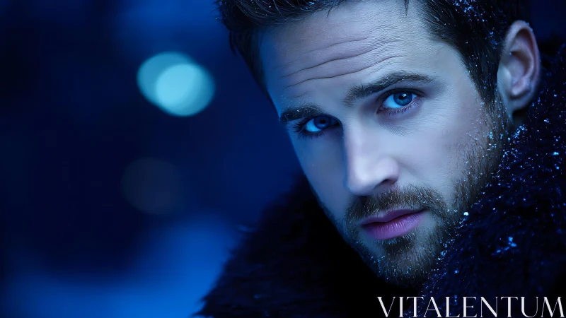 Icy blue portrait of bearded man in dramatic winter lighting.