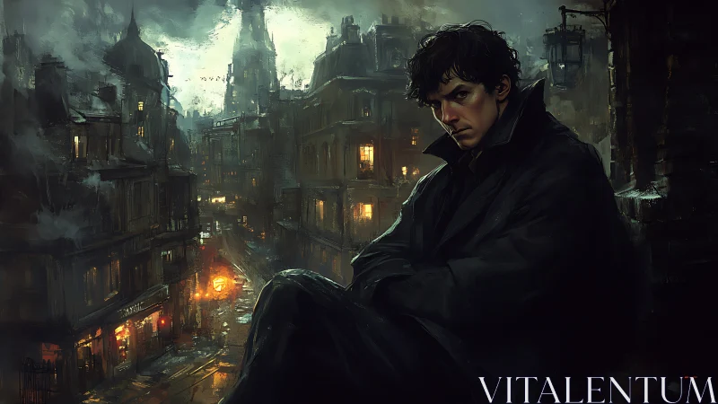 Brooding man in dark coat overlooks rainy city street