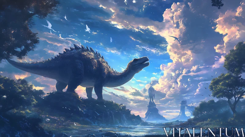 Luminescent sauropod under volumetric crepuscular skyscape.
