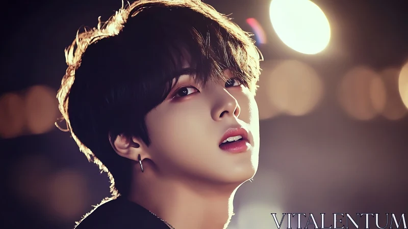 Young person portrait under warm studio backlighting at night.