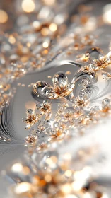 Silver and gold fractal flowers in flowing metallic field.