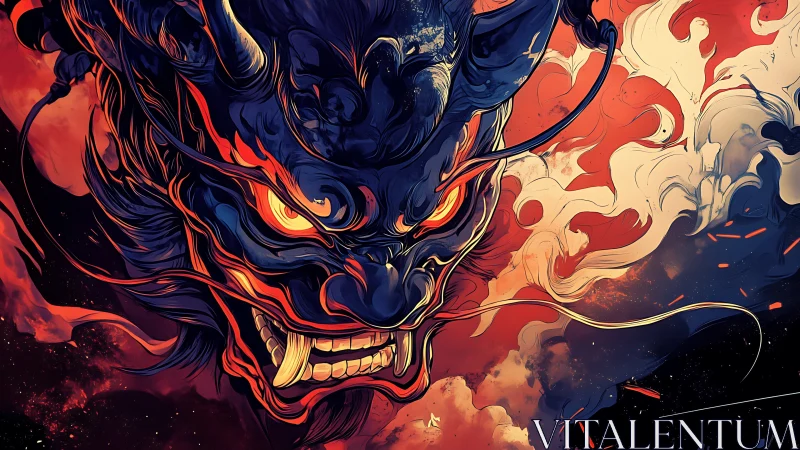 Demonic oni mask erupts from swirling cosmic firestorm