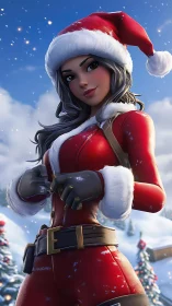 Female festive character in red Santa outfit outdoors.