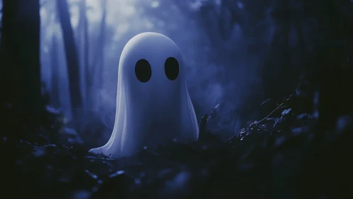 Cartoon ghost figure in dim blue forest environment.