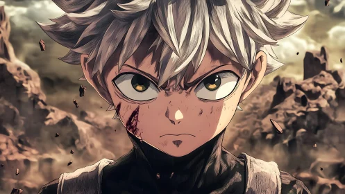 Battle-worn anime hero amid shattered rocky wasteland.