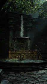 Stone courtyard fountain beneath dense overhanging foliage.