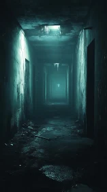 Subsurface-lit derelict corridor with volumetric fog depth.