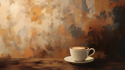 Creamy latte in white cup before rustic abstract wall.