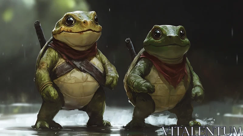 Two anthropomorphic frog warriors stand ready in wet forest