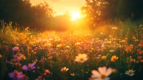 Wildflower meadow glows under radiant golden sunset light.