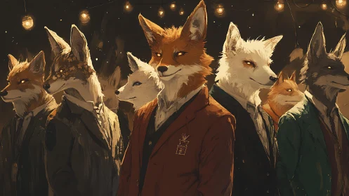 Group of anthropomorphic fox figures stand in formal suits