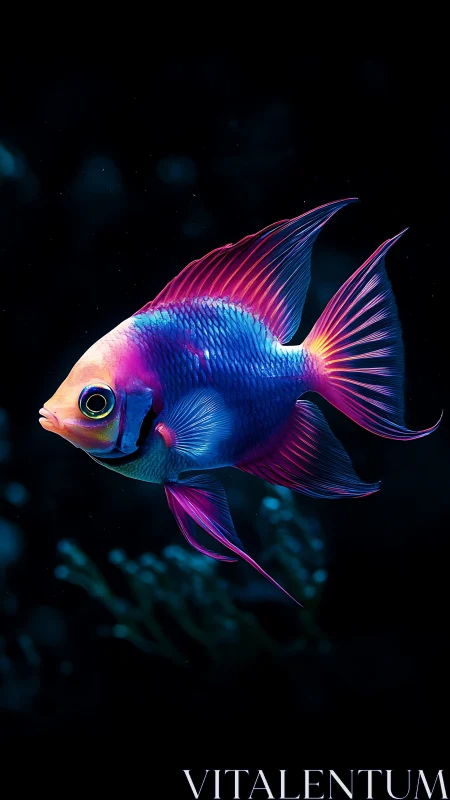 Neon tropical fish glows against deep black ocean backdrop.