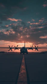 Sunset cargo plane resting on a quiet, glowing runway.