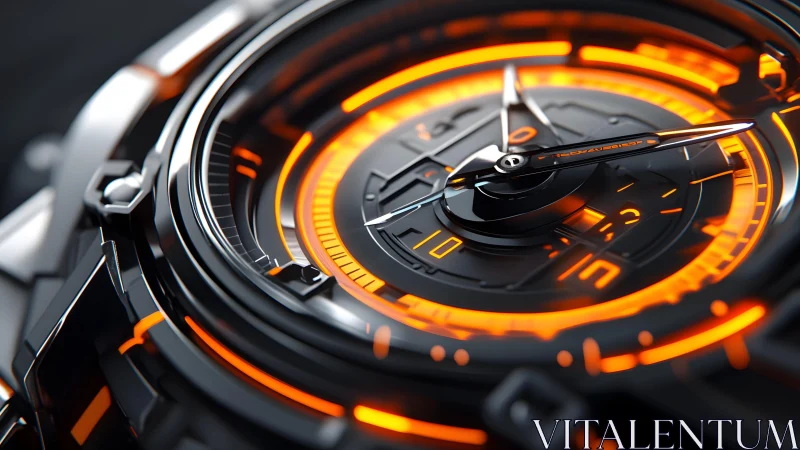 Futuristic analog wristwatch with glowing orange neon accents.
