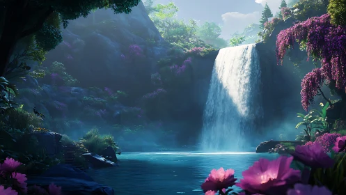 Secret lagoon where violet blossoms guard the waterfall.