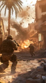 Soldiers push through blazing urban street under explosion.