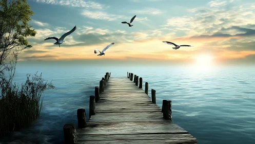 Wooden pier extends into calm sea under sunrise sky