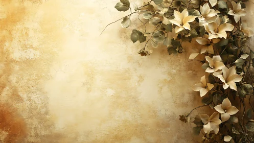 Textured ochre wall with right-aligned cream floral vine border