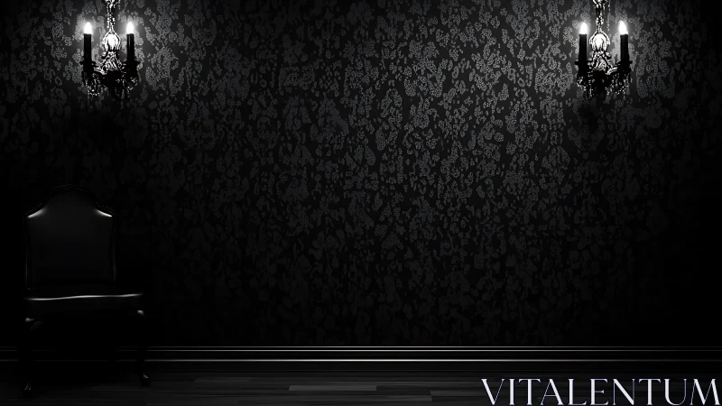 Velvet gloom parlor with lone chair and twin wall sconces.