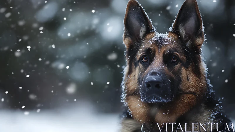 German shepherd studies snowfall under soft winter light.