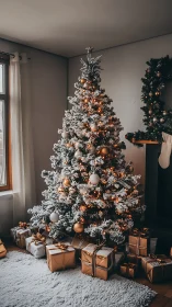 Snow-covered Christmas tree stands near window with gifts