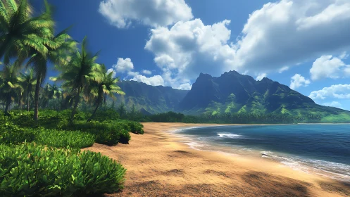 Volcanic mountain beach landscape with palm vegetation.