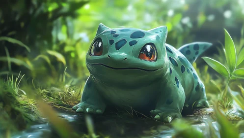 Forest sprout creature resting in dewlit emerald glade.