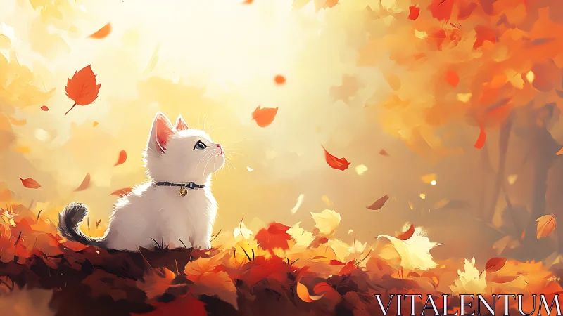 White Feline Subject in Autumn Leaf Composition with Backlit Volumetric Rendering
