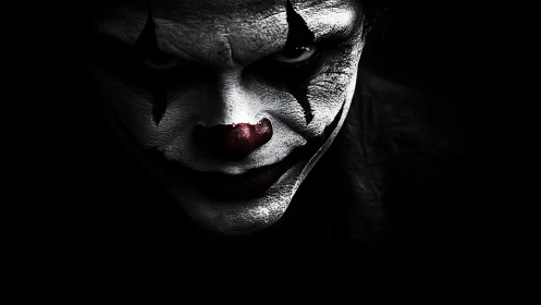 Monochrome clown portrait in low key frontal lighting.