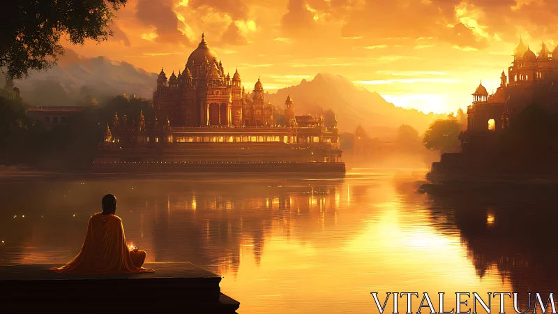Sunlit temple dreams reflected in a monk’s silent river.
